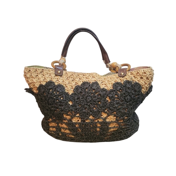 Fossil Straw Crochet Tote Bag Boho Black Floral Leather Handle Summer Purse - Picture 6 of 10